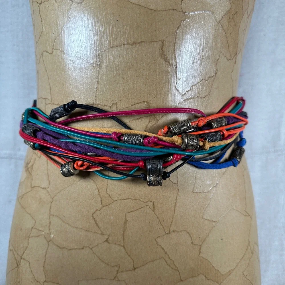 80s vintage statement Multi Leather Cord Bead Belt Black Multi Rainbow Boho